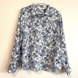 Garnet Hill 100% Linen Women's Shirt Sz 14 Floral Beach Print Button Up Tropical